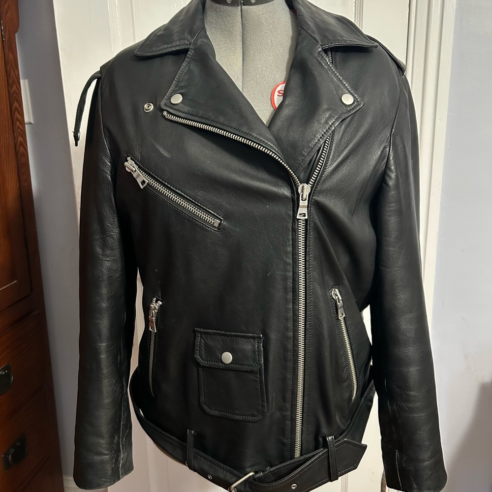 French Connection Black Real Leather Moto Jacket L